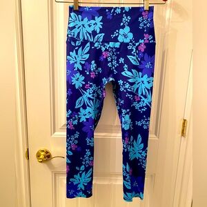 K-Deer Size Large Yoga Pants in a Purple, Pink and Grey Floral Pattern